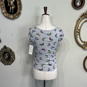 California Club Grey Butterfly Print Ribbed Top Small